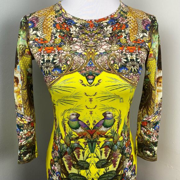 Vintage Roberto Cavalli Bird Floral Print Jersey Bodycon Mini Dress Size 2 - Picture 2 of 10